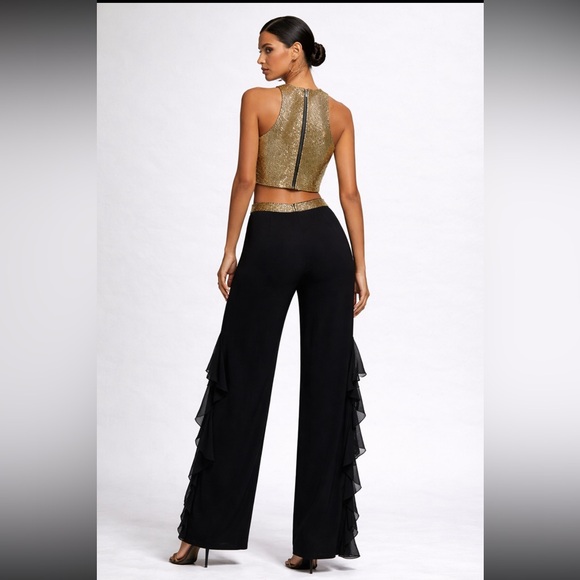 Gold Crop Halter Top & Black Wide-Leg Pants Set - Picture 3 of 13